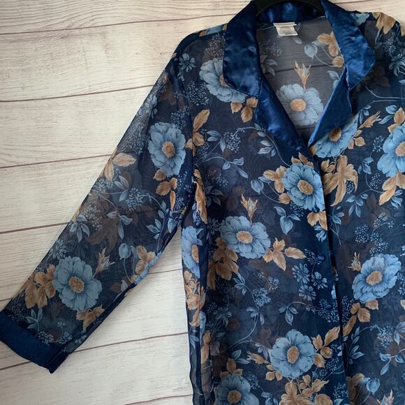 Secret Treasures Blue Floral Sheer Pajama Top Button Up Front Satin Trim Size L - Picture 6 of 15